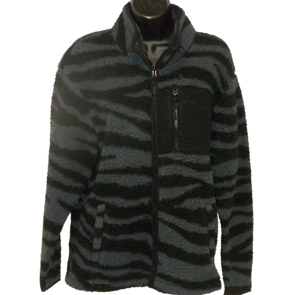 Victoria's Secret Jacket S Black Gray Fleece Full Zip Tiger Striped Pockets Pink - Picture 1 of 10